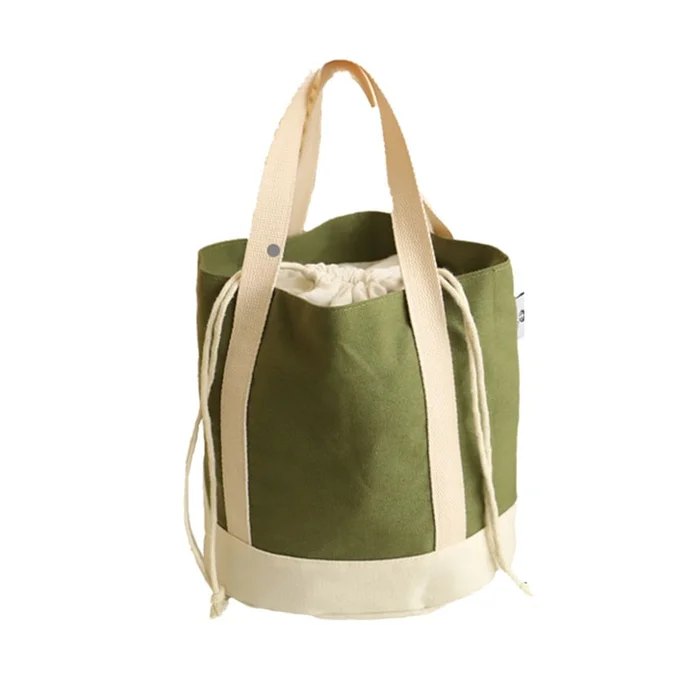 New Thick Canvas Bento Bag with Insulated Bundle Mouth Lunch Box Bag Green White Color Contrast F