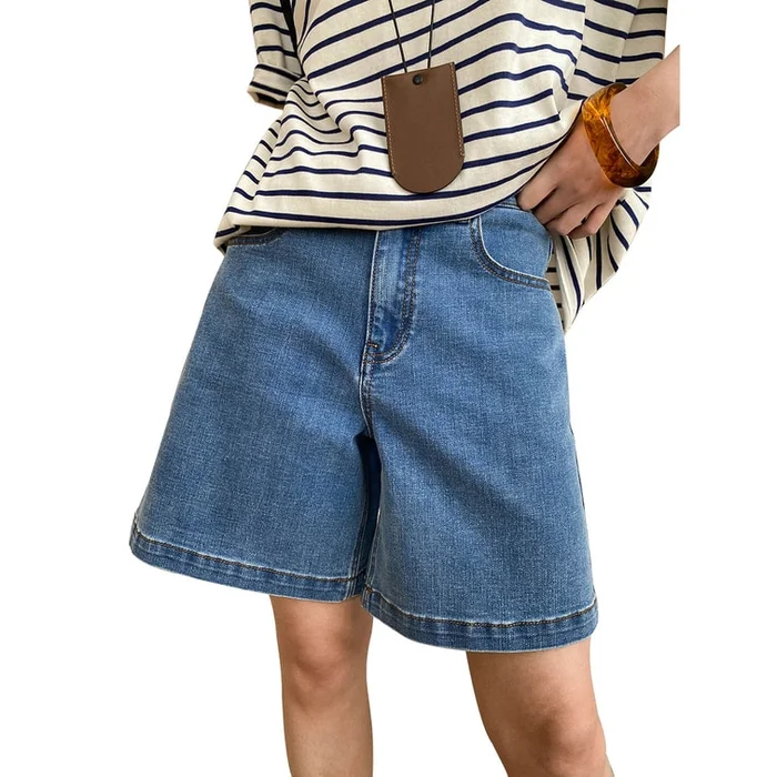 New Washed Retro High Waisted Straight Leg Denim Shorts In Blue 27