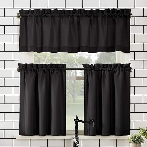 No. 918 Martine Microfiber Semi-Sheer Rod Pocket Kitchen Curtain Valance and Tiers Set, 54′ x 45′, Black