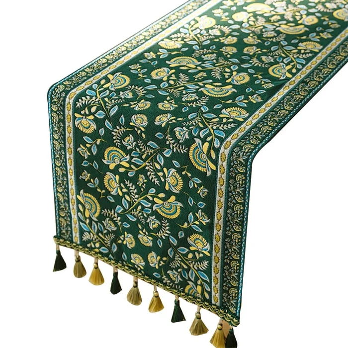 Nordic Long Tassel Table Flag Jacquard Green Base Broken Branch Vine New Green Tassel Table Flag 35-120