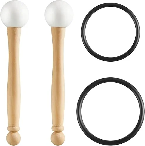 Nuanchu 4 Pcs Singing Bowl Mallet Crystal Bowl Striker and O Ring Set, Include 2 Rubber Head Wood Handle Mallet with 2 Rubber O Ring for Playing Crystal Singing Tool Sound Meditation