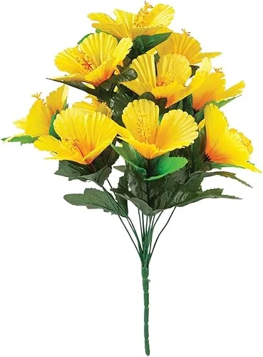 OakRidge Hibiscus Bush – Artificial Indoor/Outdoor Home and Garden Décor – Yellow, Measures 18” High