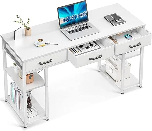 ODK Office Small Computer Desk: Home Table with Fabric Drawers & Storage Shelves, Modern Writing Desk, White, 48’x16′