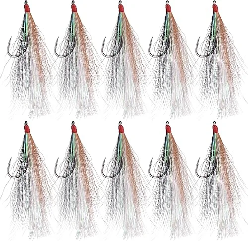 OROOTL Fishing Bucktail Teaser Hooks, 10pcs Saltwater Fishing Jigs Teaser Lures High Carbon Steel Hooks with Crystal Flash Feather Skirt for Flounder Salmon Trout Sea Bass Steelhead