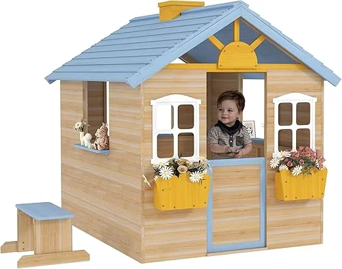 Outsunny Wooden Playhouse for Kids Outdoor Garden Pretend Play Games, Adventures Cottage, with Working Door, Windows, Bench, Service Station, Flowers Pot Holder, for 3-7 Years Old, Blue