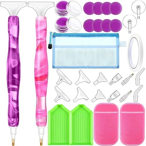 Outus 31 Pcs 5D DIY Diamond Tools Kit with Handmade Resin Painting Pens, Anti-Slip Mats, Plastic Diamond Trays, Clay Boxes, Drill Point Accessories for Adults and Kids DIY Craft (Pink, Purple)