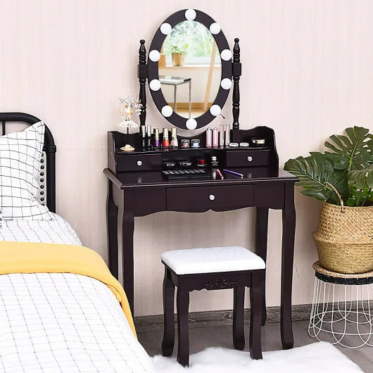 Oval Mirror Vanity Set with 10 LED Dimmable Bulbs and 3 Drawers-Brown