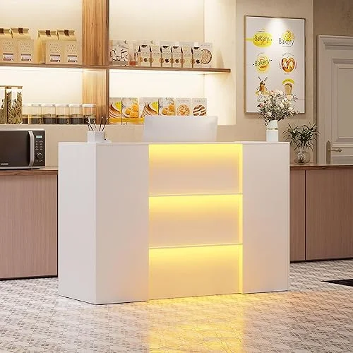 PAKASEPT Modern Reception Desk with LED Lights, 63 Inches Front Counter Table with Lockable Drawer & Shelves, Checkout Counter for Reception Room, Lobby, Beauty Salon, Retail, Clinic, Office