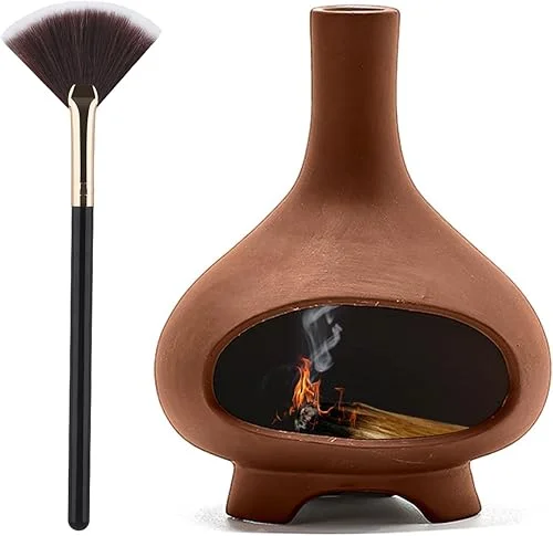 Palo Santo Holder Handmade Ceramics Incense Burner Chimney Dish Smudge Bowl for Palo Santo Sticks Sage Bundles with Brush(Brown)
