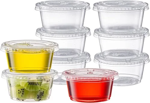 Pantry Value [2 oz. – 200 Count Clear Disposable Plastic Portion Cups with Lids – Small Plastic Condiment Containers for Sauce, Salad Dressings & Portion Control