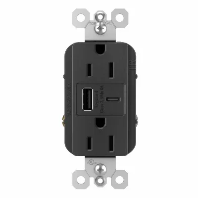 Pass & Seymour Duplex Outlet / Ultra Fast Usb Charger, 15a, Black