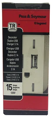 Pass & Seymour Usb Charger, 2-outlet, White, 15-amp