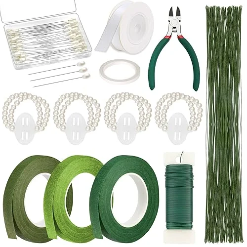 PAXCOO Floral Tape and Floral Wire Arrangement Tool Kit with Green Floral Tape, Floral Wire, Boutonniere Flower pin, Wire Cutter, White Ribbon and Elastic Pearl Wrist Corsage Bands for Bouquets
