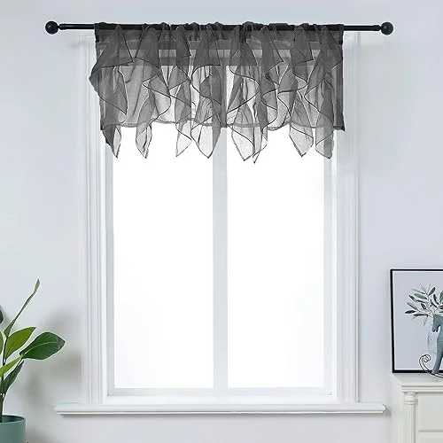 PearAge Ruffled Voile Semi Sheer Curtain Valance, Kitchen Living Room Shabby Chic Ruffle Valance Curtains, Girls Daughters Bedroom Cascade Window Valance Black 50×16 Inches