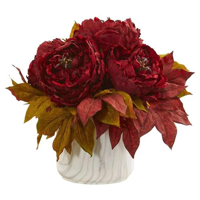 Peony Artificial Arrangement in Marble Finished Vase