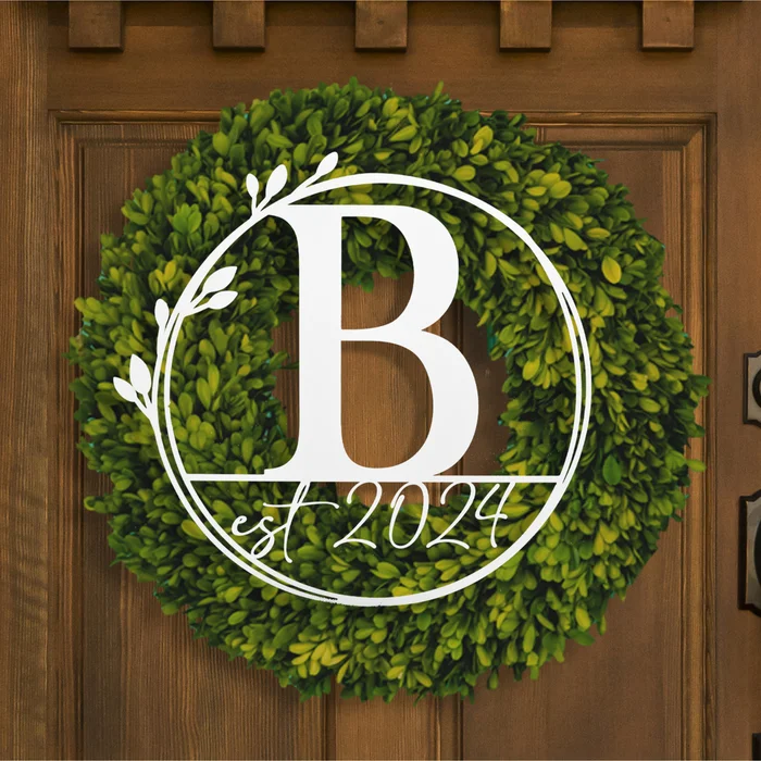 Personalized Metal Floral Leaves Outdoor Monogram Wreath