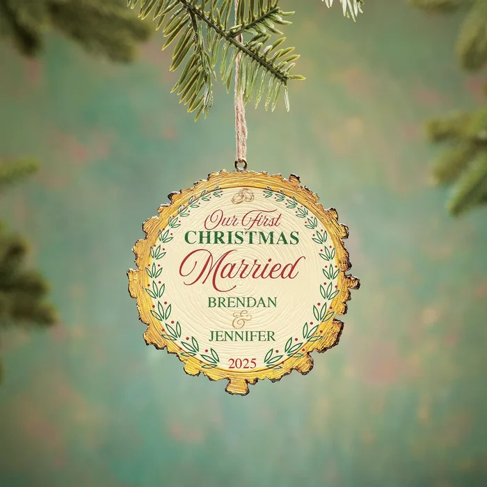 Personalized Our First Christmas Married Wood Slice Ornament