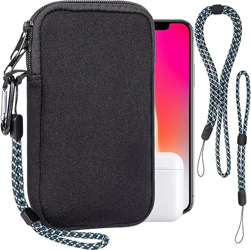 Phone Sock, Universal Shock & Impact Resistant Neoprene Phone Pouch with Carabiner and Lanyard Strap Phone Sleeve Case for Hiking & Travelling Phone Bag Fits Phones up to 7 Inches, Black