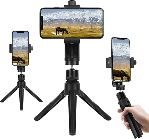 Phone Tripod Desktop,Didbynm Small Tripod Stand with Smartphone Clip for Cell Phone,Stable-Non-Slip,360°& Width Adjustable,Travel iPhone Tripod Compatible with iPhone/Android/Camera for Record/Vlog
