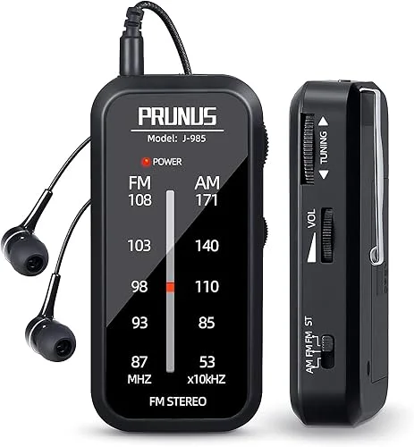 Pocket Radio Mini AM FM Stereo Radio Portable Battery Operated Radio, Includes Headphones, with Back Clip and Signal Indicator, Operated by AAA Batteries for Hurricane,Walking,Running,J-985 by PRUNUS