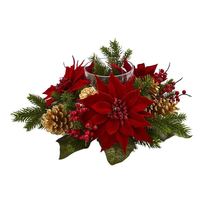 Poinsettia, Berry And Golden Pine Cone Candelabrum Artificial Arrangement