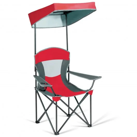 Portable Folding Camping Canopy Chair with Cup Holder Cooler -Red