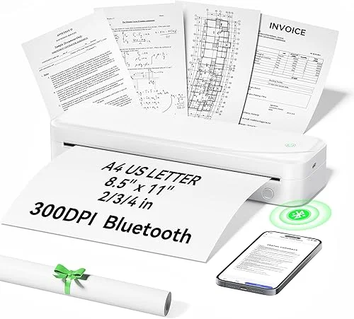 Portable Printers Wireless for Travel, Thermal Inkless Printer Support 8.5′ X 11′ US Letter & A4 Size, Bluetooth Mobile Printer Compatible with iOS, Android & Laptop for Home Office Car (Black)