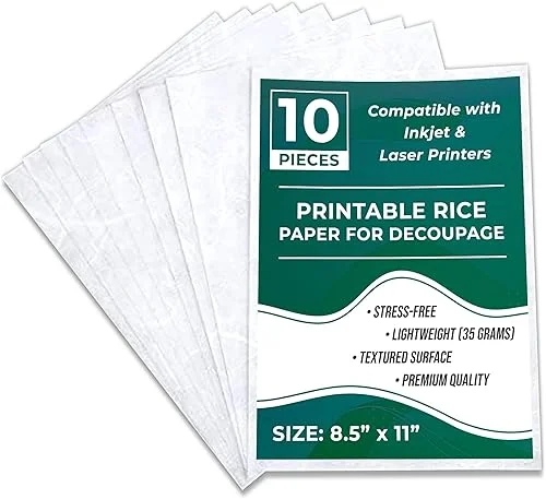 Printable Rice Paper Sheets – Decoupage Paper for Inkjet Printer, 8.5×11, 35GSM (10 Pack)