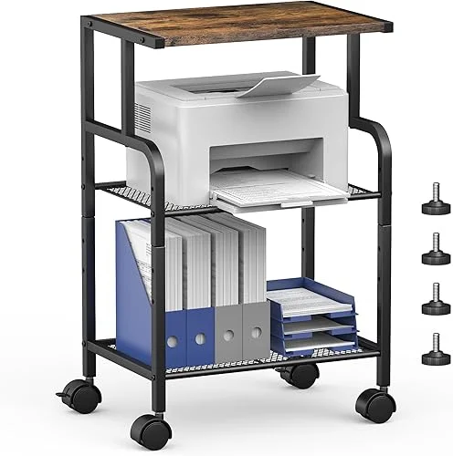 Printer Stand with Storage and Wheels, 3 Tier Printer Table for Home Office, Large Metal Rolling Cart with Adjustable Shelf, Supports Up to 100 Lbs, for Printer, Heat Press, Scanner & Fax