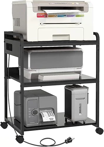Printer Stands with Charging Station, 25.2 x 18.9 Inch Large Printer Stand with Wheels for Home Office, 3 Tier Printer Table with Power Outlet USB Port, Printer Shredder Stand, Black