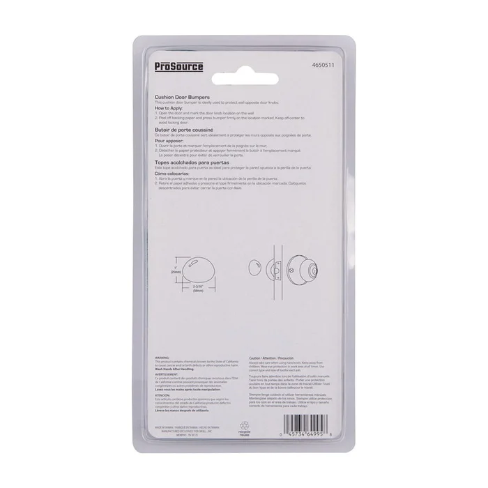 Prosource FE-S715-PS Door Stop, 2-3/16 in Dia Base, 2-3/16 in Dia x 1 in H Projection, Vinyl, White