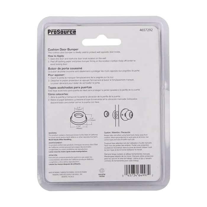 Prosource FE-S716-PS Door Stop, 1-3/4 in Dia Base, 1-3/4 in Dia x 5/8 in H Projection, Polyurethane (PU), Clear