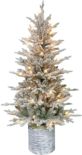Puleo International 4.5 Foot Pre-Lit Potted Flocked Arctic Fir Artificial Christmas Tree with 70 UL-Listed Clear Lights