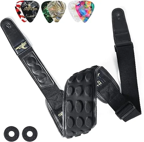 pure black bass guitar strap for heavy bass and guitar, 3.35 ‘wide 3D sponge filled and neoprene material