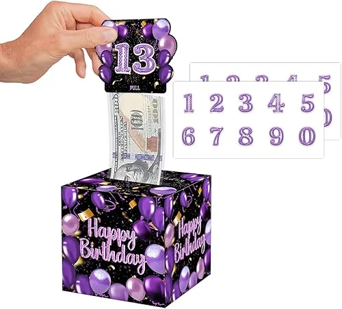 Purple Theme Birthday Party Gifts – Money Box for Cash Gift, Black Purple Gold Balloon Birthday Decorations, Cash Gift Ideas Birthday Money Pull Box