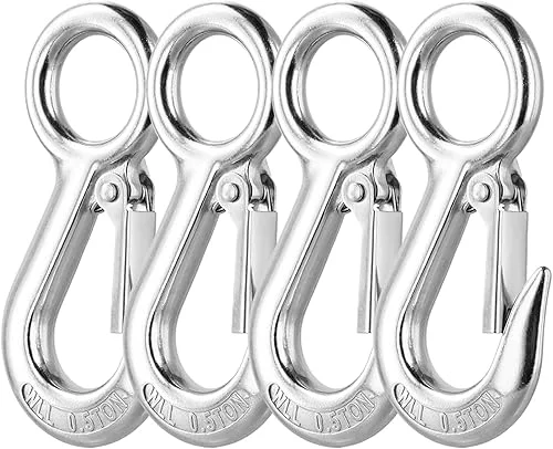 QWORK 304 Stainless Steel Safety Snap Hooks with Fast Eye, Heavy Duty Spring Carabiner Clips, 4 ⅝’ Total Length, 1⅛’ Round Eyelet, 1100 lbs Load, for Boats, Carabiners, Slip Hooks, 4 Pcs