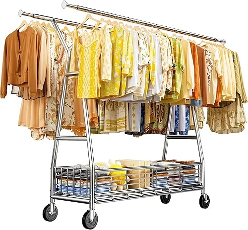 Raybee Heavy Duty Clothes Rack, 600LBS Clothing Rack with Sturdy Wheels and Shelves, Double Rods Clothing Racks for Hanging Clothes Commercial Portable Adjustable Garment Rack, Chrome