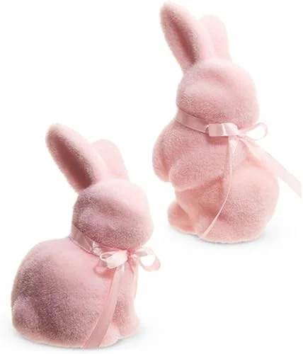 Raz Imports 2024 Easter 7.25′ Pastel Pink Flocked Bunnies, Assorted of 2
