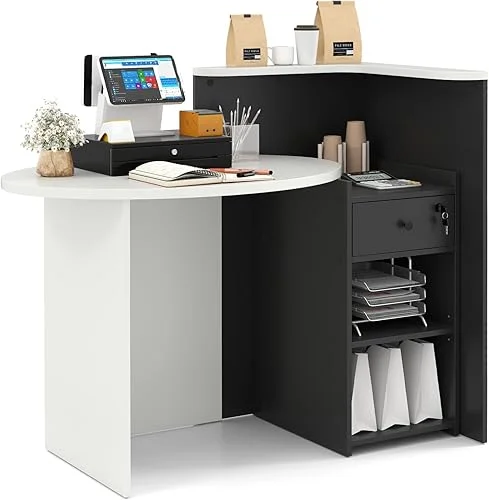 Reception Desk, 48’’ Retail Counter w/Lockable Drawer & Storage Shelf, L-Shaped Reception Table, Wooden Computer Desk for Salon, Restaurant, Office (Black)
