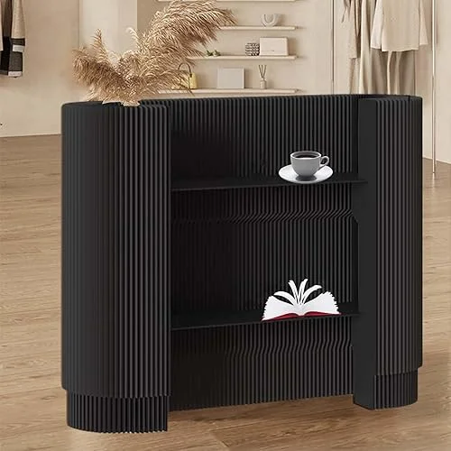 Reception Desk, Front Counter with 2 Moveable Shelves, Modern Oval Checkout Reception Counter Display Rack for Hotel Lobby Clothing Store Office (Black)