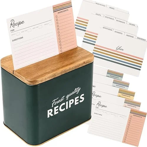 Recipe Box | Green Recipe Box with Cards and Dividers | Recipe Cards and Box Set | Recipe Card Box with Vintage Lettering and Acacia Wood Lid | 50 Cards and 12 Dividers in Boho Colors | Recipe Tin