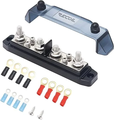 RECOIL BBPG4 Bus Bar Positive and Negative 4 x 5/16” Studs and 4 x #8 Screw Terminals Power Distribution Block Busbar with Ring Terminals 250 Amp Rating