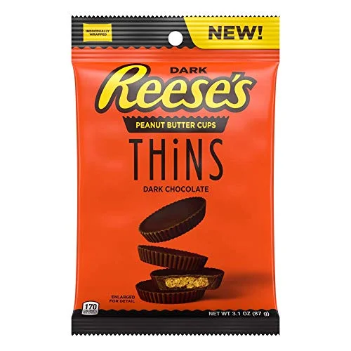 REESE’S Peanut Butter Cups Thins, Dark Chocolate Candy, 3.1 oz BAG