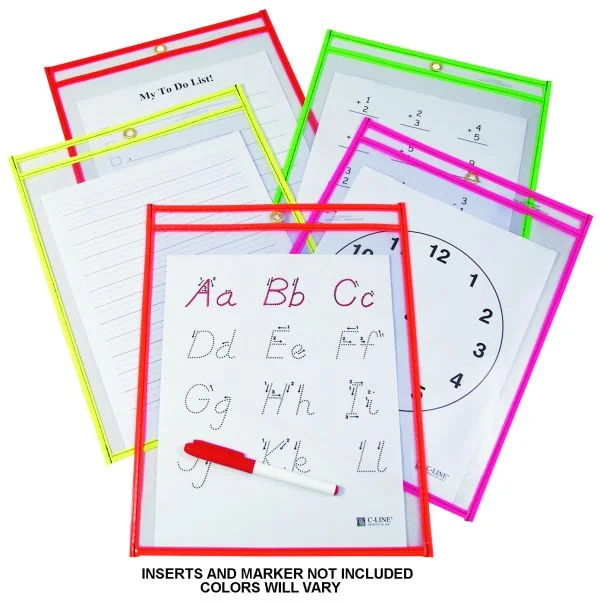 Reusable Dry Erase Pocket 9×12 Asst Neon