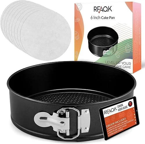 RFAQK Non-Stick 6 Inch Cake Pan with Removable Bottom – Leakproof Springform Pan with 50Pcs Parchment Papers – Perfect for Cakes, Cheesecakes, and Compatible with 3 Qt Instant Pot – Bonus E-Book