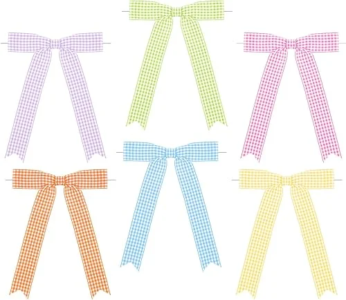 Riceshoot 24 Pcs Gingham Ribbon Bows 5×7 Inch Buffalo Plaid Twist Tie Bows Check Pre Tied Bow Ribbon Gift Bows for Cake Wrapping Treat Bags Wedding Baby Shower(Spring Color,1inches)