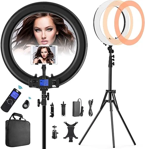 Ring Light with Wireless Remote and iPad Holder, 19 Inch Bi-Color LCD Display Ring Light with Stand and Selfie Remote, 55W 3000-5800K CRI≥97 Light Ring for Live Stream Self-Portrait Video Shooting