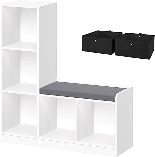 RiverRidge Kids Toy Storage Organizer Bench with 5 Cubby Spots, 2 Black Fabric Bins & Cushioned Seat for Book Nook Playroom Storage