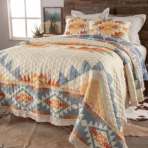 Rod's Southwest Horizon (Full/Queen Quilt) – Aztec Geometric- Ruffle Trim – Blue Orange Rust Tan Cream – Full/Queen Quilt Size (105x95in)