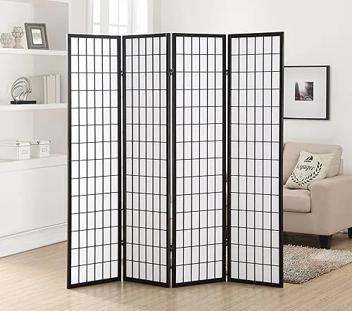 Roundhill Furniture Oriental Shoji 4 Panel Screen Room Divider, Black